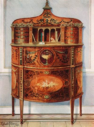 Intarsien- und bemalter Satinholz-Schreibtischschrank, mit Ormolu-Montierung von Edwin John Foley